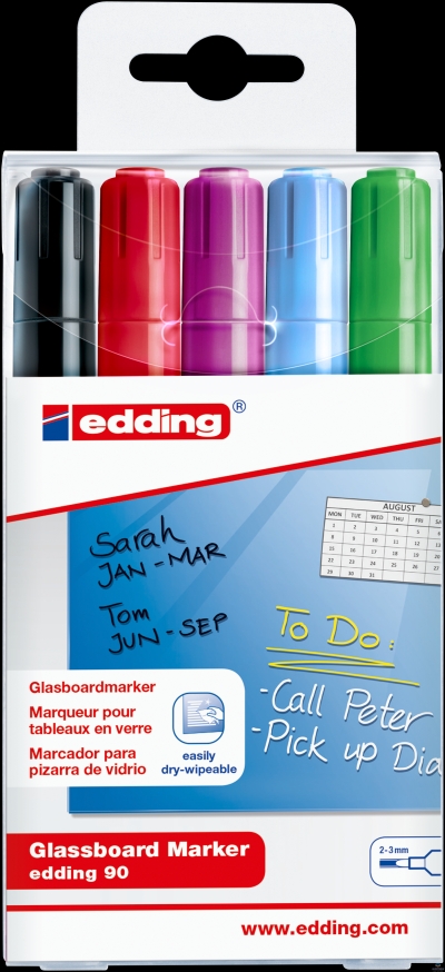 Marker EDDING do tablic szklanych czarny,czerwony,fioletowy,błękitny, zielony etui 5 szt. 90/5s/000 ed (X)