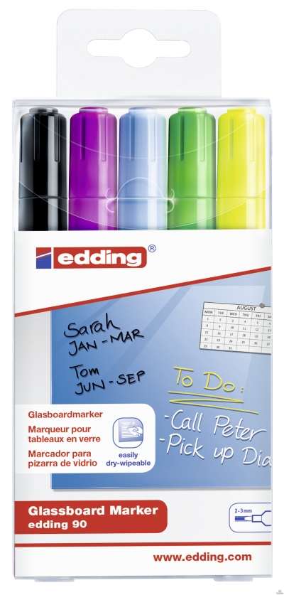 Marker EDDING do tablic szklanych czarny + mix kolorów, etui 5 szt. 90/5s/001/c ed suchościeralny (X)